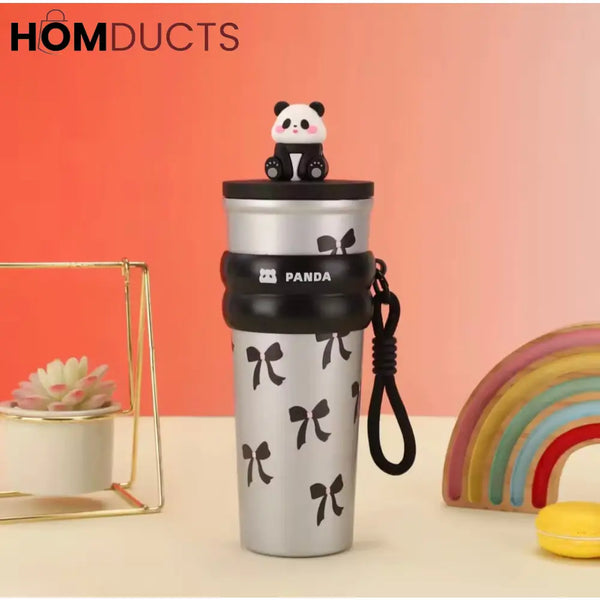 Cute Panda Travel Tumbler with Straw – Leak Proof Portable Cup with Cherry & Bow Design