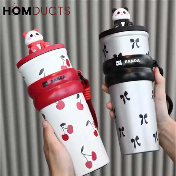Cute Panda Travel Tumbler with Straw – Leak Proof Portable Cup with Cherry & Bow Design