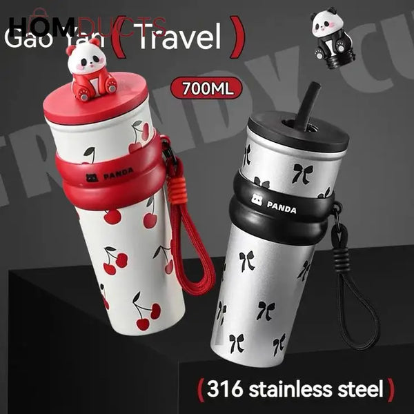 Cute Panda Travel Tumbler with Straw – Leak Proof Portable Cup with Cherry & Bow Design