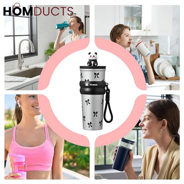 Cute Panda Travel Tumbler with Straw – Leak Proof Portable Cup with Cherry & Bow Design