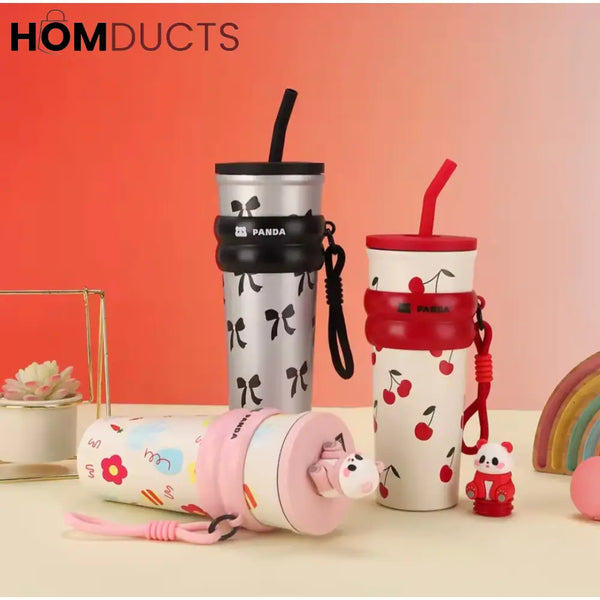 Cute Panda Travel Tumbler with Straw – Leak Proof Portable Cup with Cherry & Bow Design