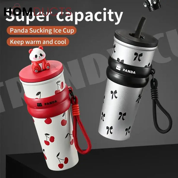 Cute Panda Travel Tumbler with Straw – Leak Proof Portable Cup with Cherry & Bow Design