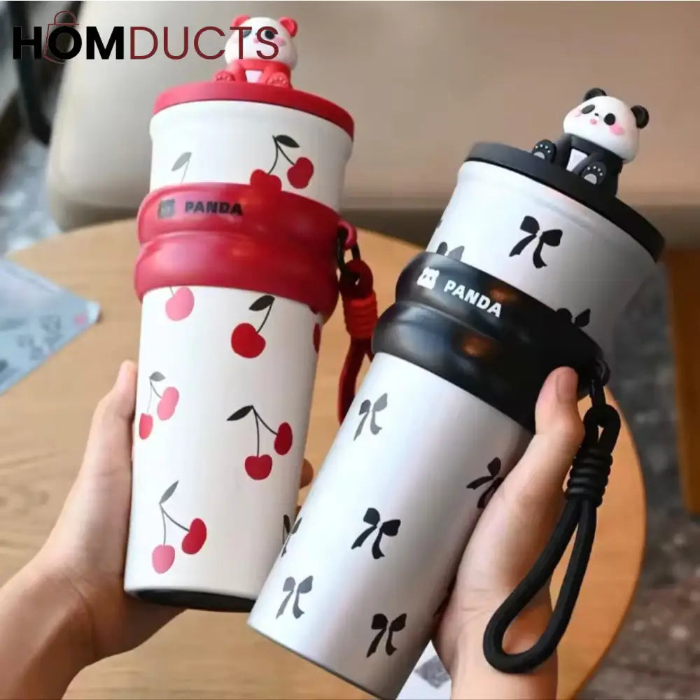 Cute Panda Travel Tumbler with Straw – Leak Proof Portable Cup with Cherry & Bow Design