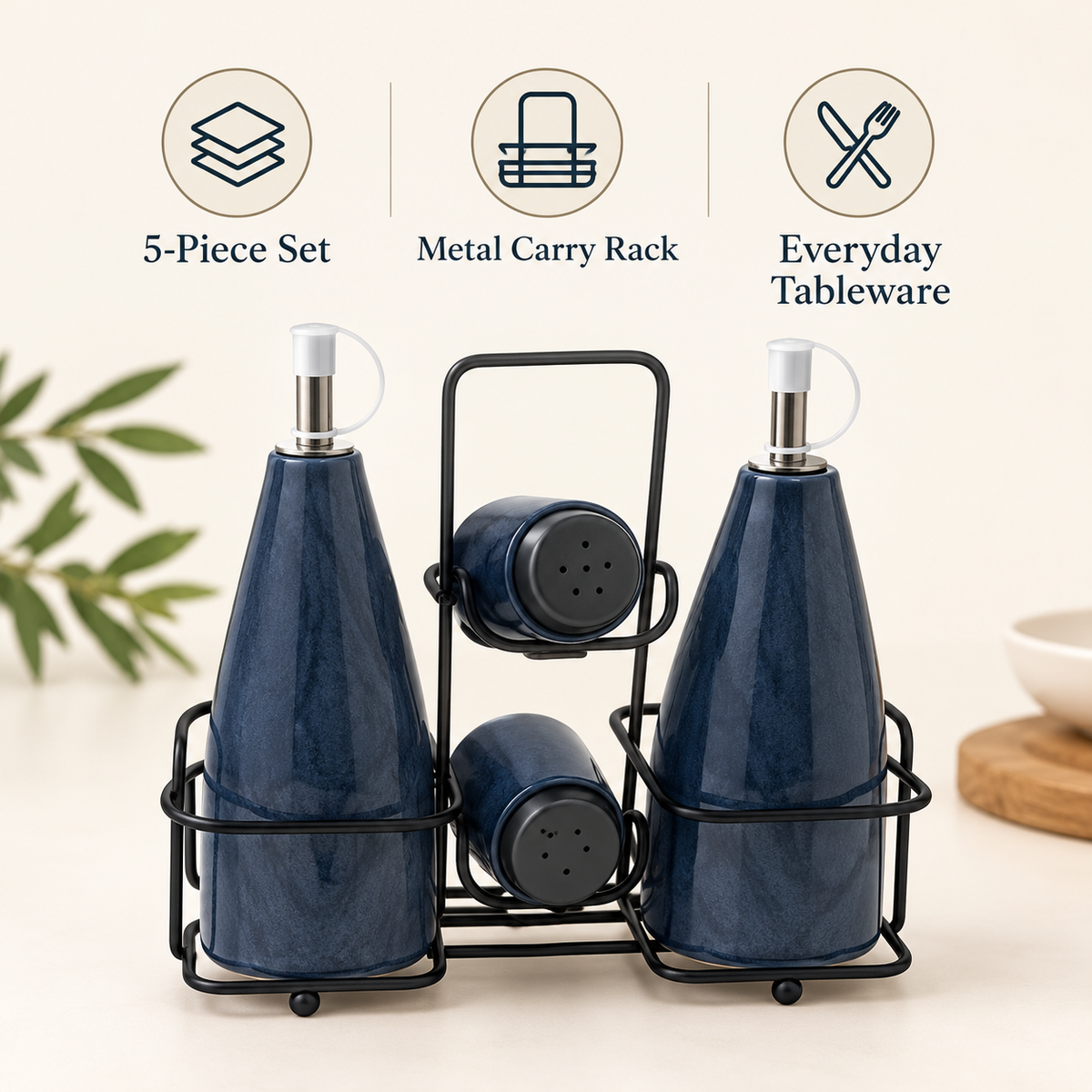 5-Piece Navy Castor Condiment Set features and details