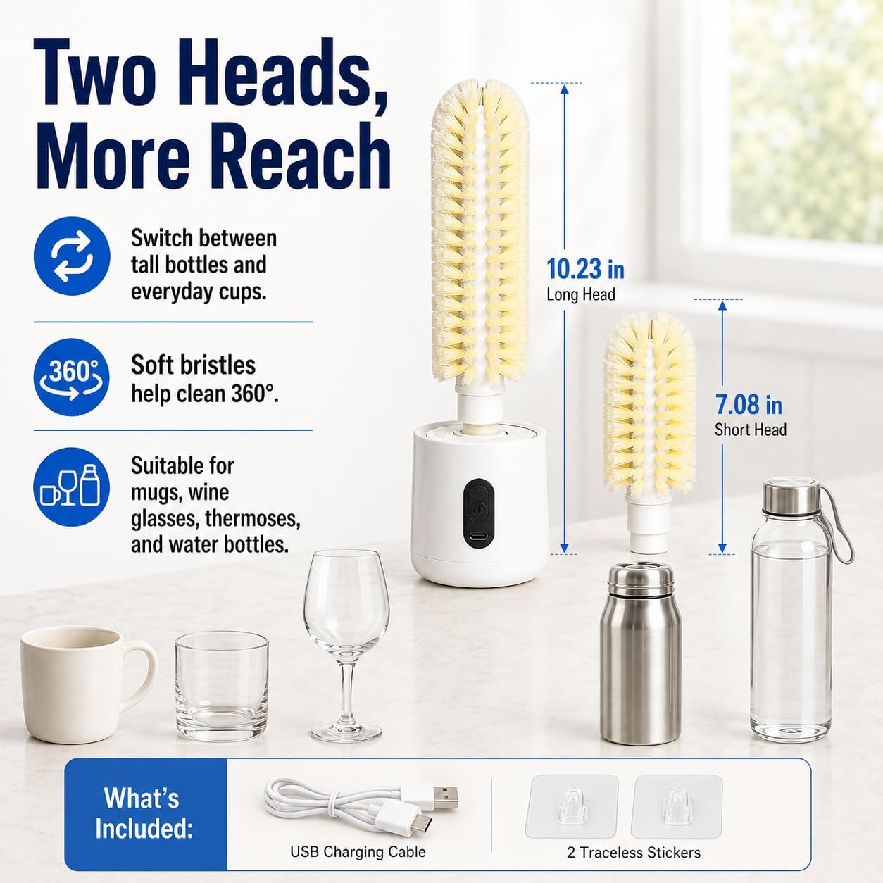 Rechargeable Electric Bottle Brush Cleaner with 2 Interchangeable Heads – 360° Rotary Cleaning Brush