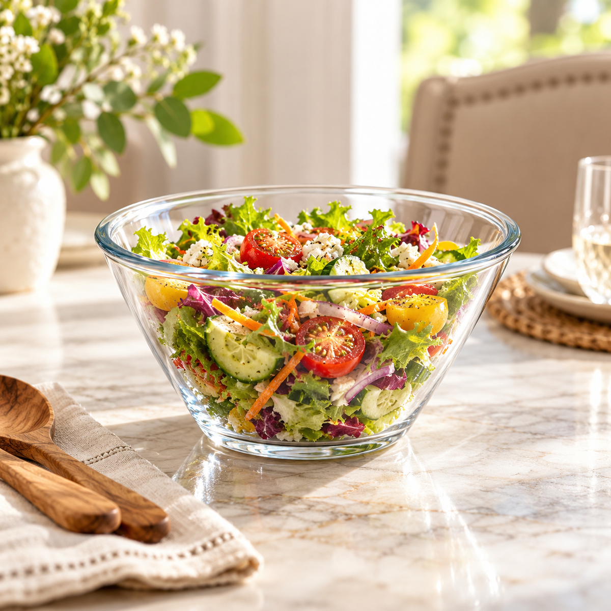 Danny Home 1L Clear Glass Salad Bowl serving a hot drink
