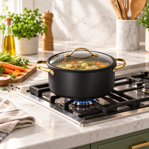 Danny Home 22cm Aluminum Non-Stick Cooking Pot with Glass Lid in use