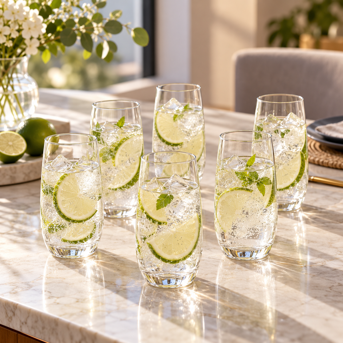 Danny Home 6-Piece Clear Slim Glass Set – 345ml shown in use