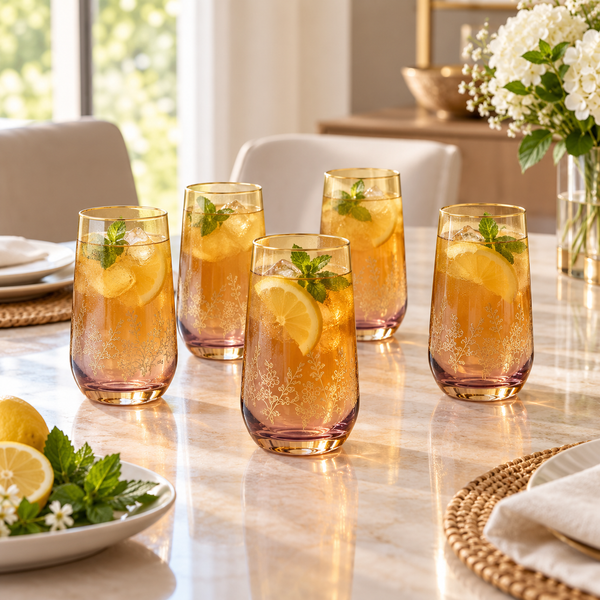 Danny Home Amber 6-Piece Tall Glass Set – 550ml shown in use