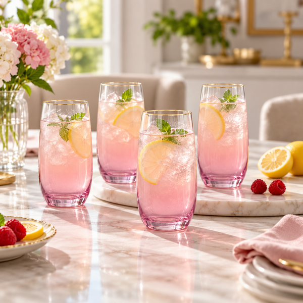Danny Home Pink Ombre 4-Piece Tall Glass Set – 410ml shown in use