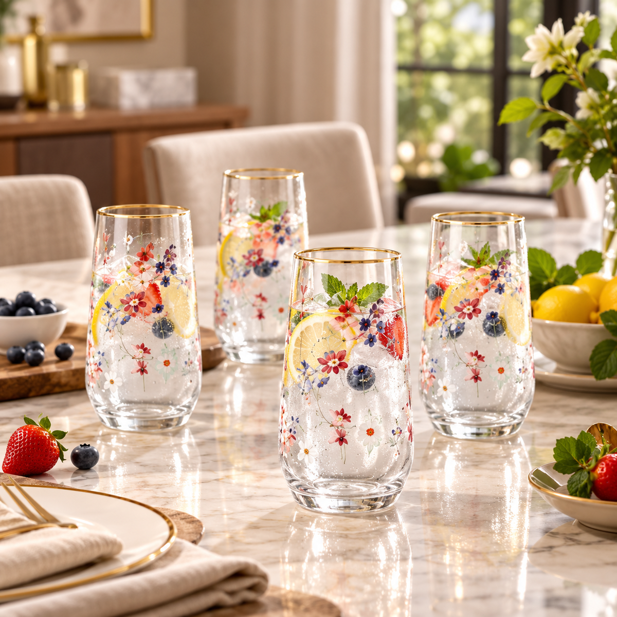 Danny Home Floral 4-Piece Glass Set – 560ml shown in use