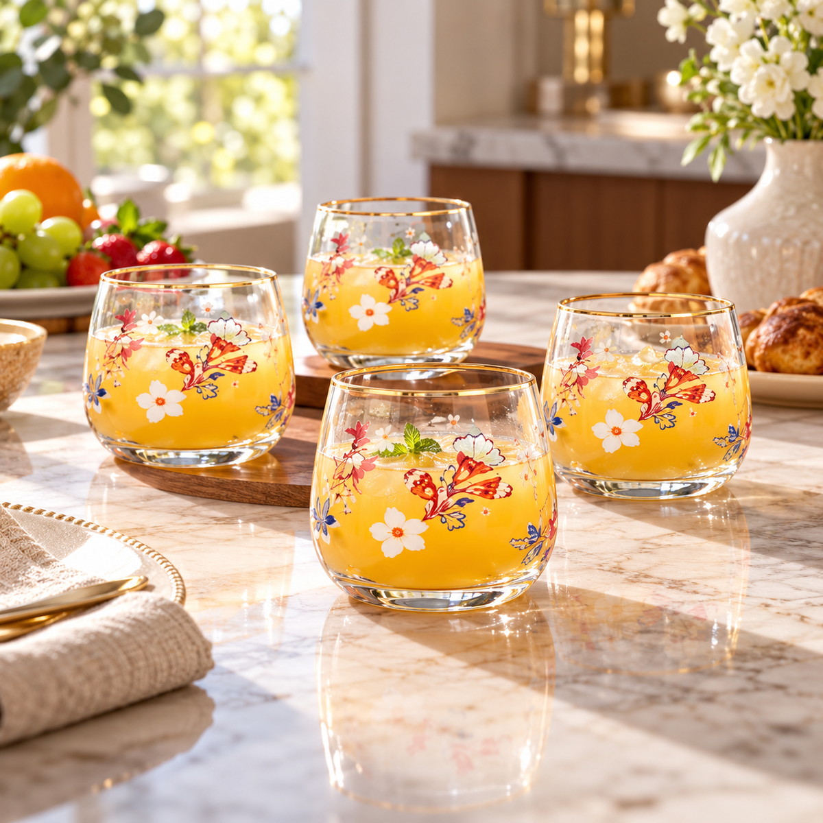 Danny Home Floral 4-Piece Tumbler Glass Set – 345ml shown in use