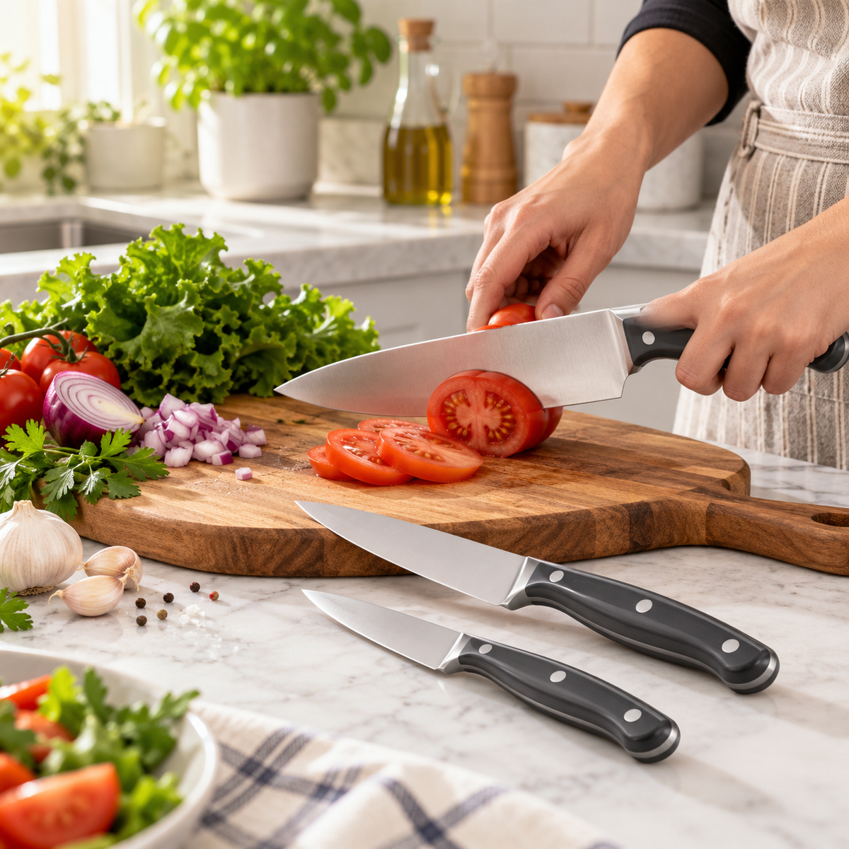 Danny Home 3-Piece Grey Kitchen Knife Set in use