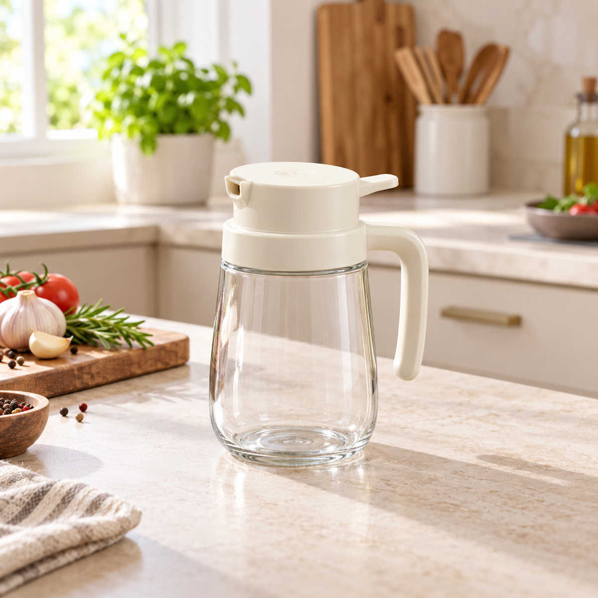 Danny Home clear glass oil dispenser with white handle and pouring spout