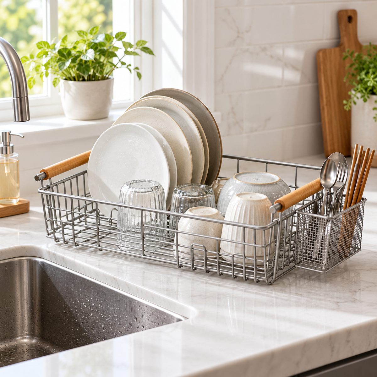 Danny Home Large Dish Drainer Basket with Cutlery Holder – 45.8cm in use