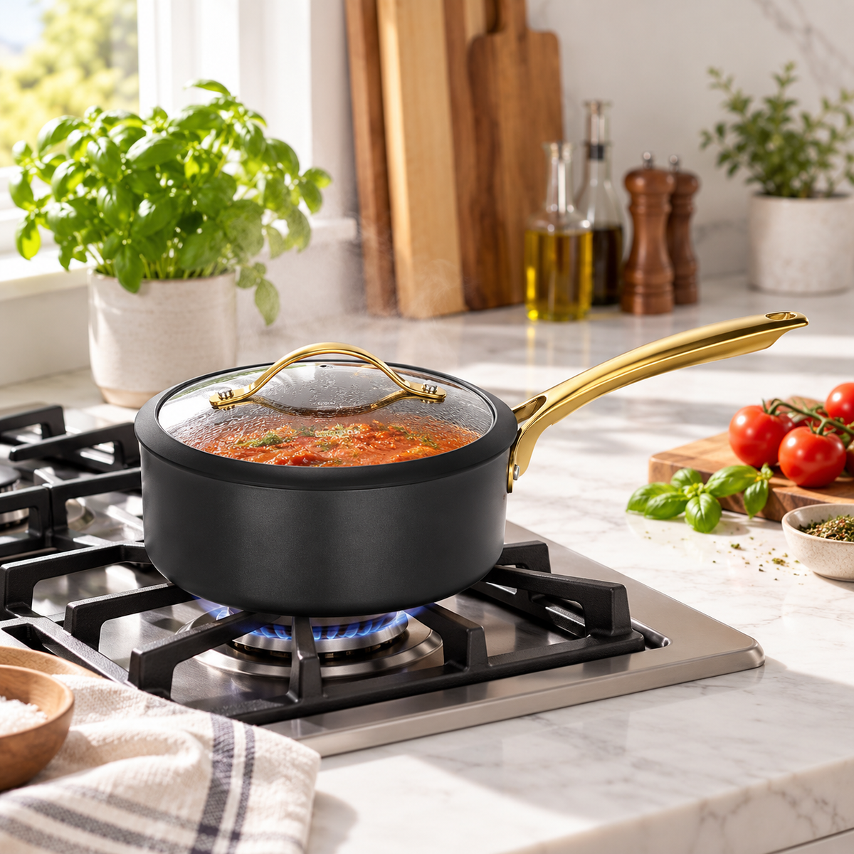 Danny Home 20cm Aluminum Non-Stick Saucepan with Glass Lid in use
