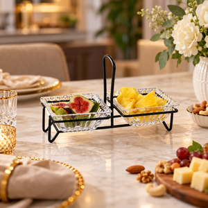 Danny Home 2-Section Glass Snack Bowl Set with Black Stand – 250ml shown in use