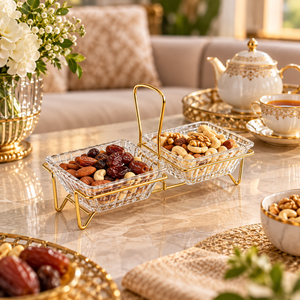 Danny Home 2-Section Glass Snack Bowl Set with Gold Stand – 250ml shown in use