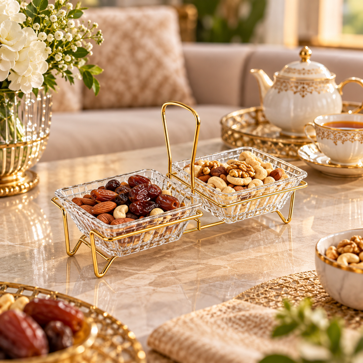 Danny Home 2-Section Glass Snack Bowl Set with Gold Stand – 250ml shown in use