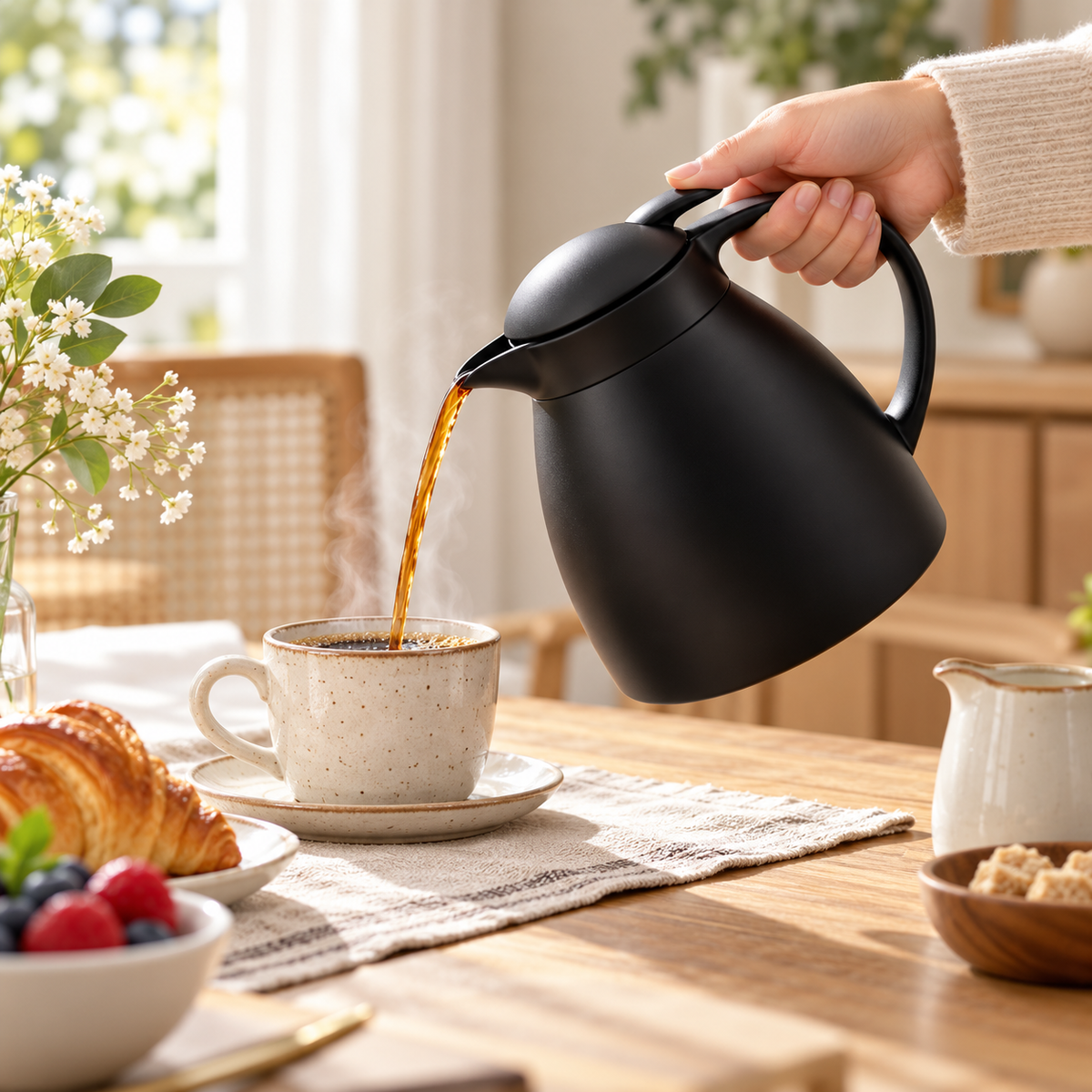 Danny Home Compact 500ml Black Vacuum Jug serving a hot drink