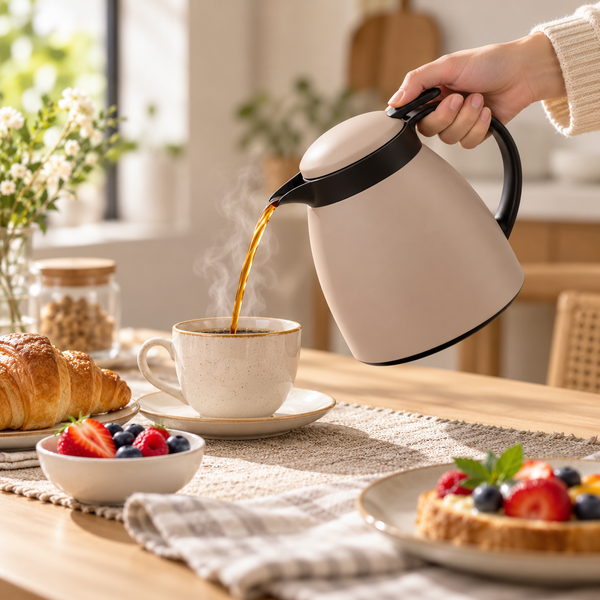 Danny Home Compact 500ml Mocha Vacuum Jug serving a hot drink