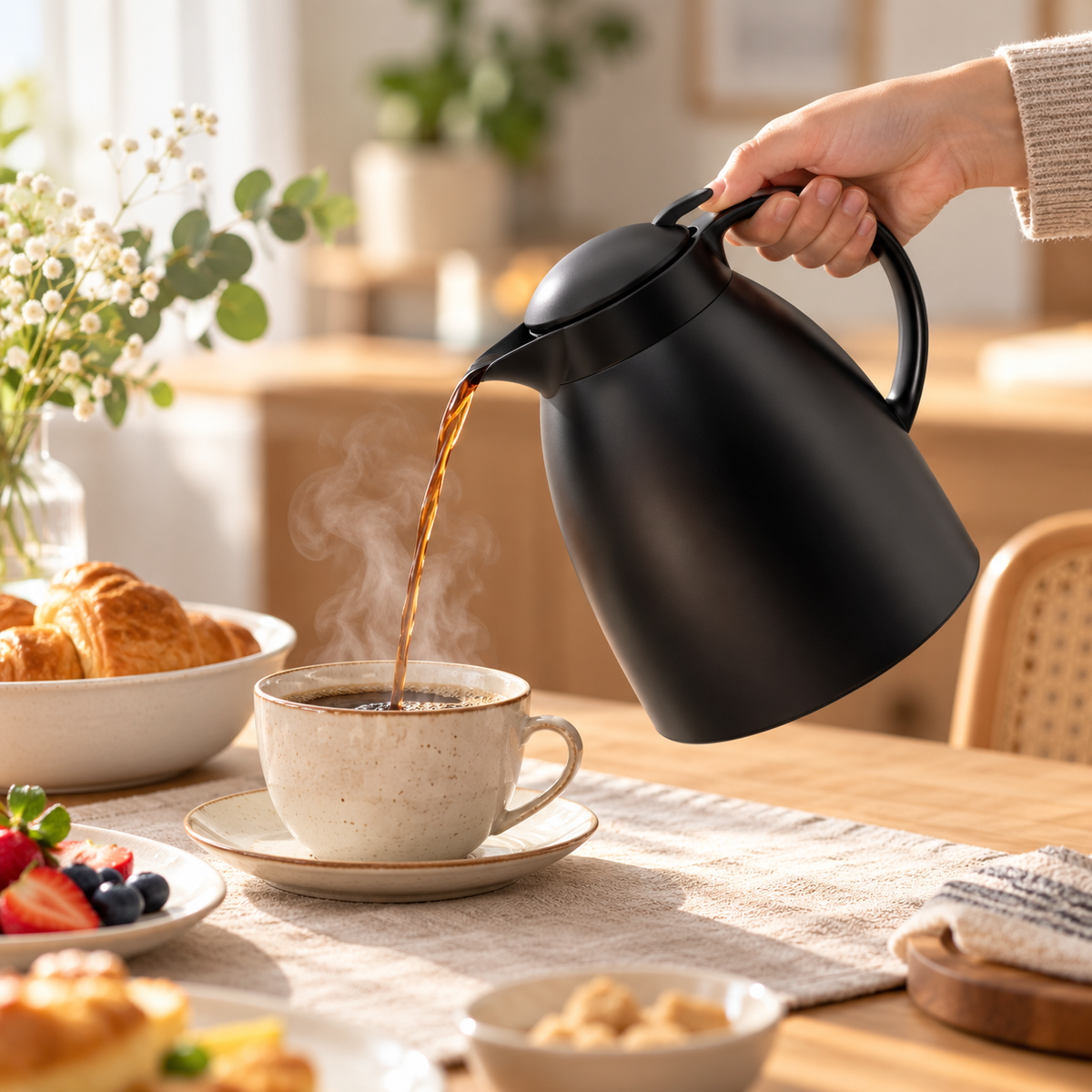 Danny Home 1L Black Vacuum Jug serving a hot drink