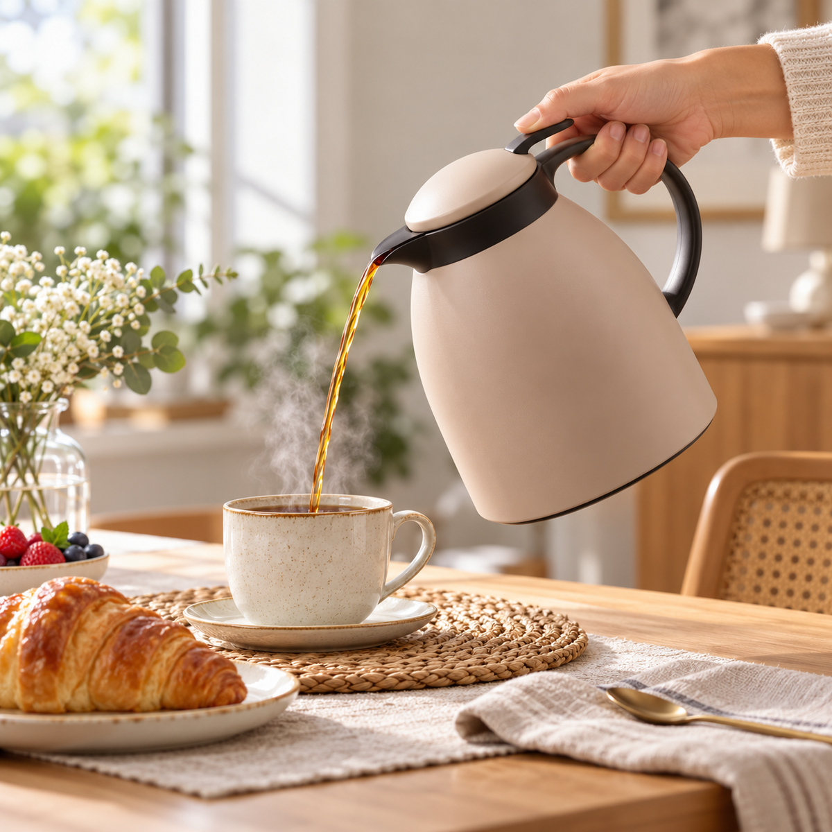 Danny Home 1L Mocha Vacuum Jug serving a hot drink