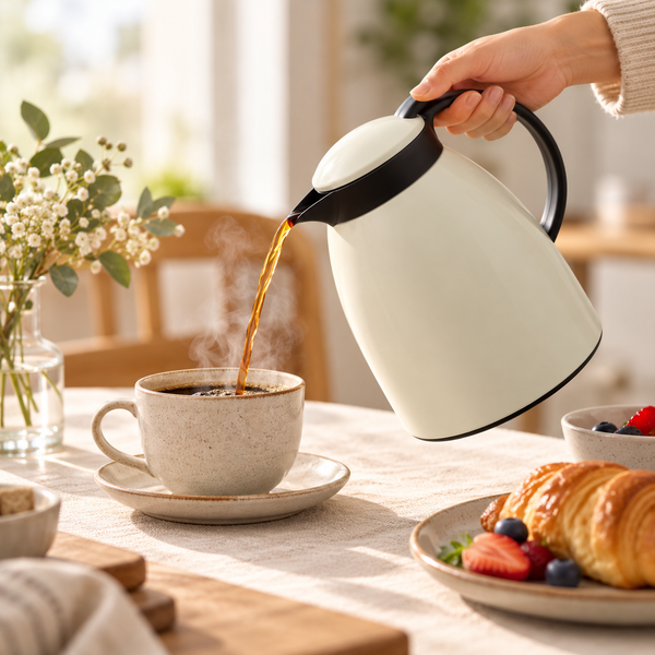 Danny Home 1L White Vacuum Jug serving a hot drink