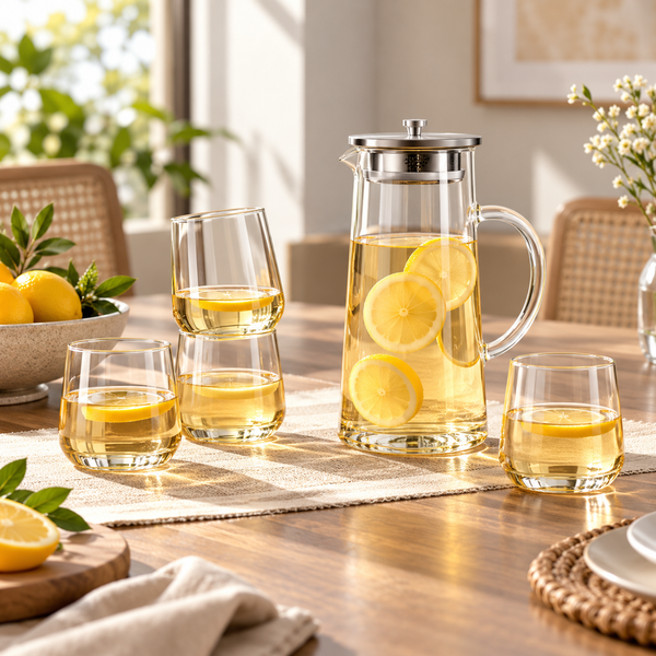 Danny Home 5-Piece Glass Teapot & Cup Set shown in use