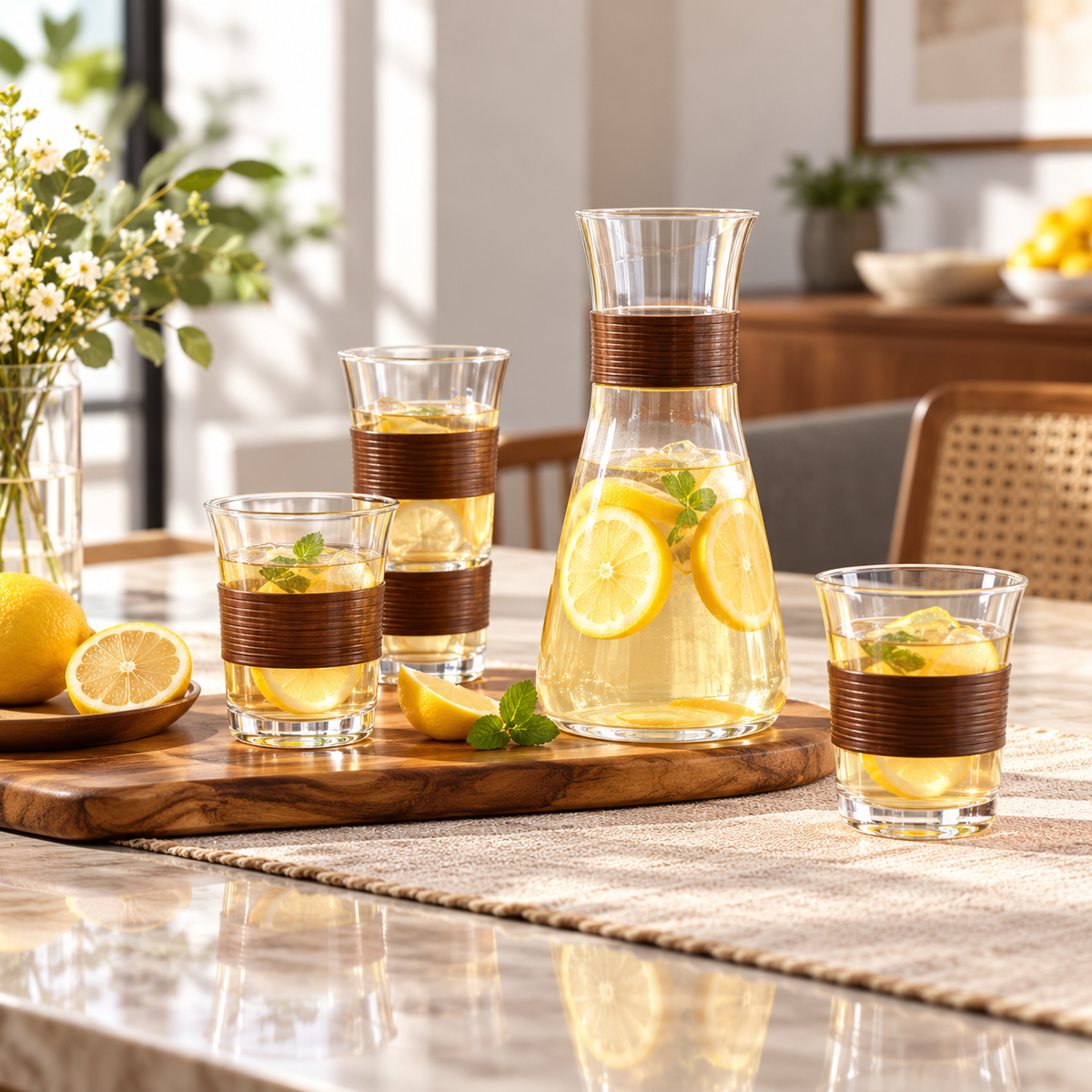 Danny Home 5-Piece Glass Teapot Set with Brown Bands – 1350ml shown in use