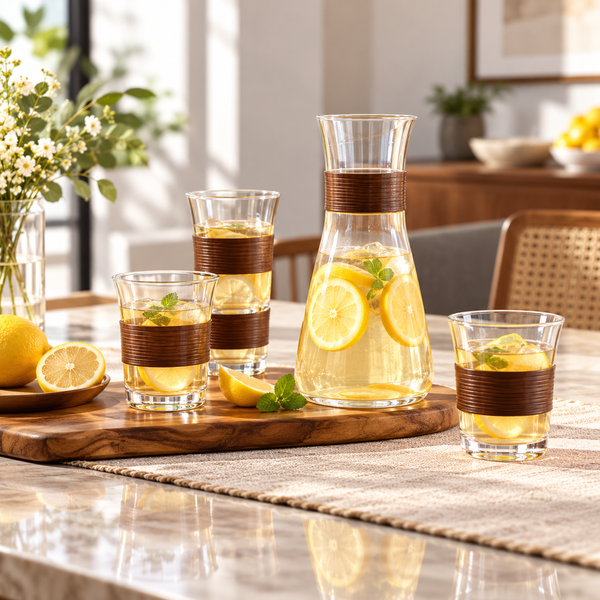 Danny Home 5-Piece Glass Teapot Set with Brown Bands – 1350ml shown in use