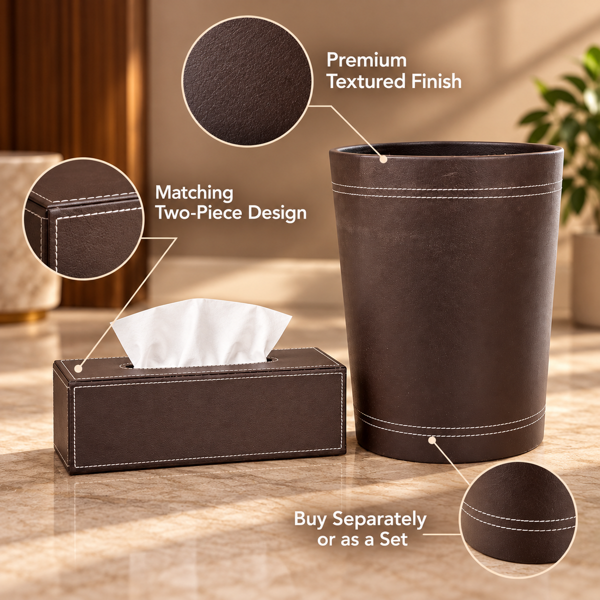 Premium Dark Brown Leather-Style Tissue Box & Dustbin Set feature details