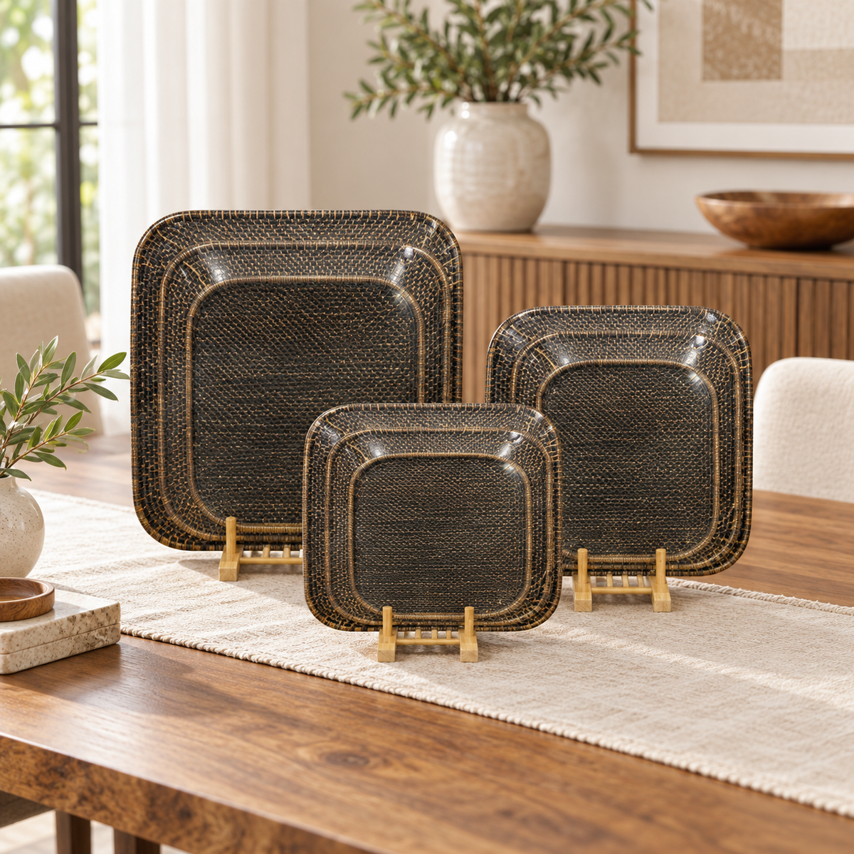 Premium Dark Chatai-Style Rectangular Serving Tray Set – 3 Pcs