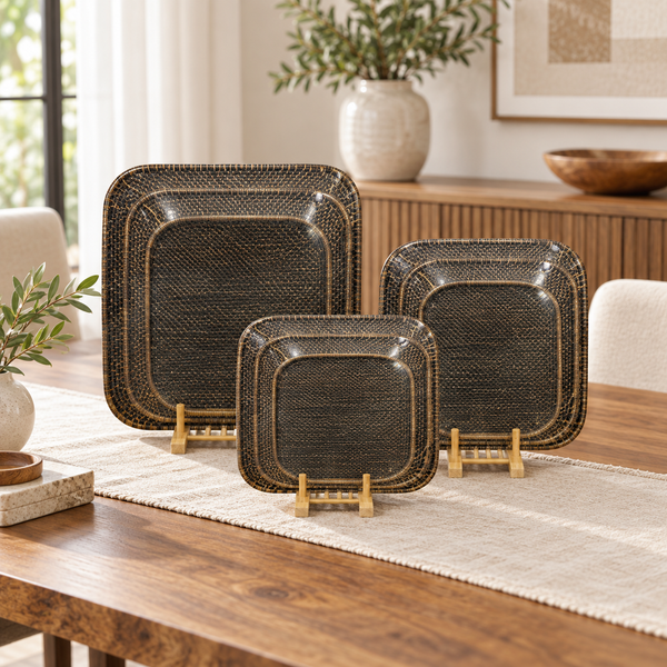 Premium Dark Chatai-Style Rectangular Serving Tray Set – 3 Pcs