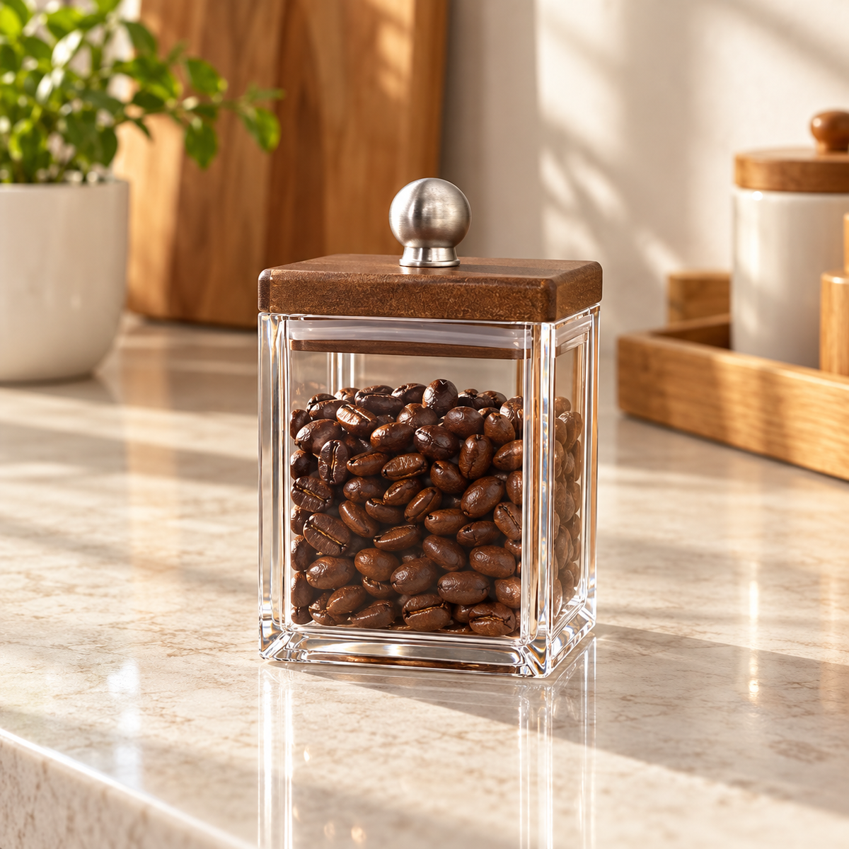 150ml square acrylic canister with dark wood lid