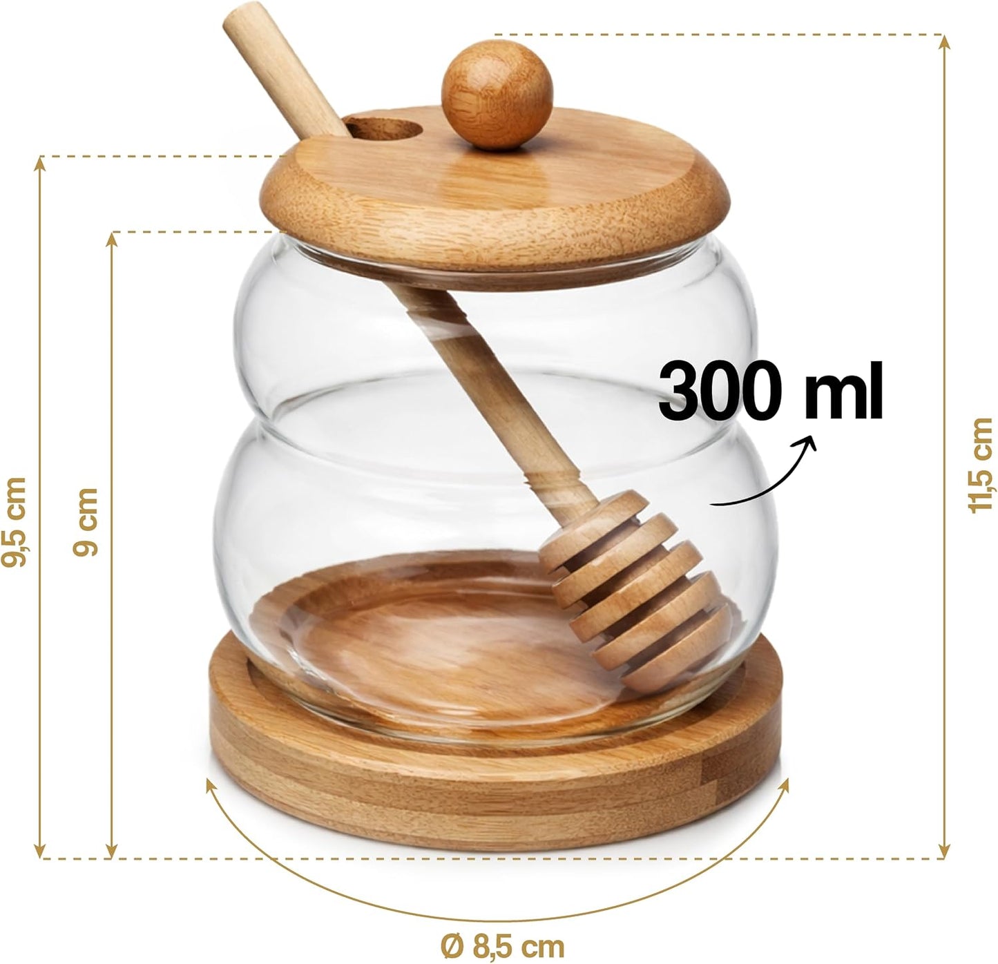 300ml Glass Honey Jar with Bamboo Lid, Wooden Dipper & Base