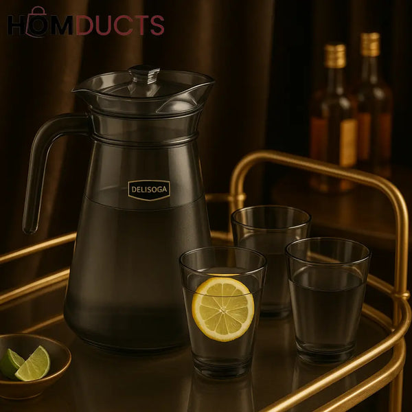 Delisoga 7-Piece Smoked Glassware Set – Pitcher with 6 Matching Tumblers