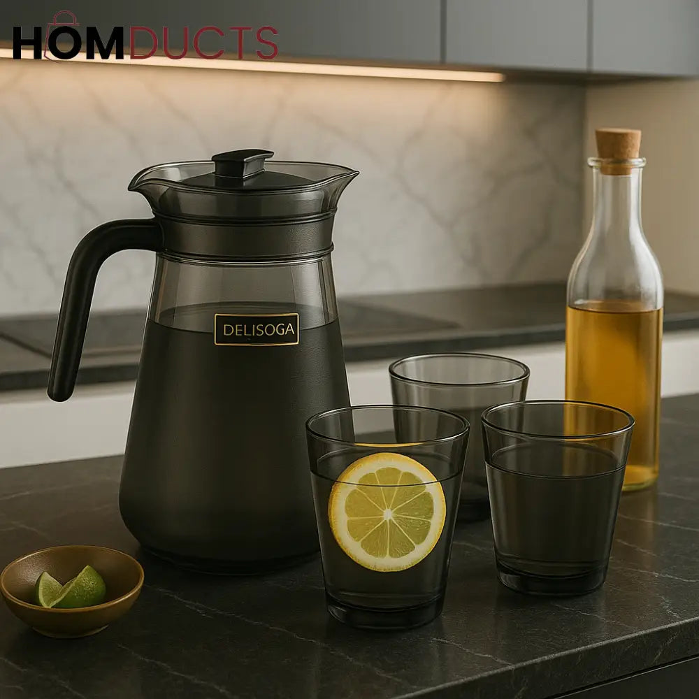 Delisoga 7-Piece Smoked Glassware Set – Pitcher with 6 Matching Tumblers