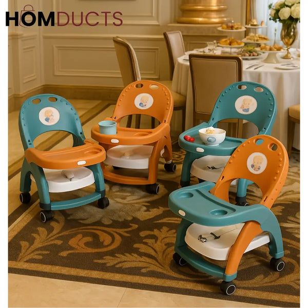 Deluxe Wheeled Toddler Booster Chair – Adjustable Baby Feeding Seat with Tray & Safety Belt