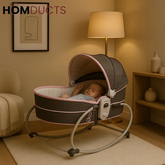 Designer Rocking Baby Bassinet – Soft Grey & Blush with Canopy & Gentle Motion Cradle