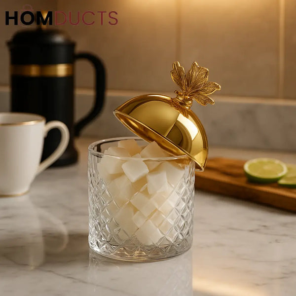 Diamond-Cut Crystal Sugar Jar with Gold Lid – Luxury Kitchen Storage