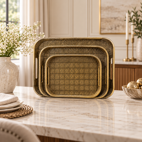 Luxury Diamond-Cut Rectangular Serving Tray Set – 3 Pcs