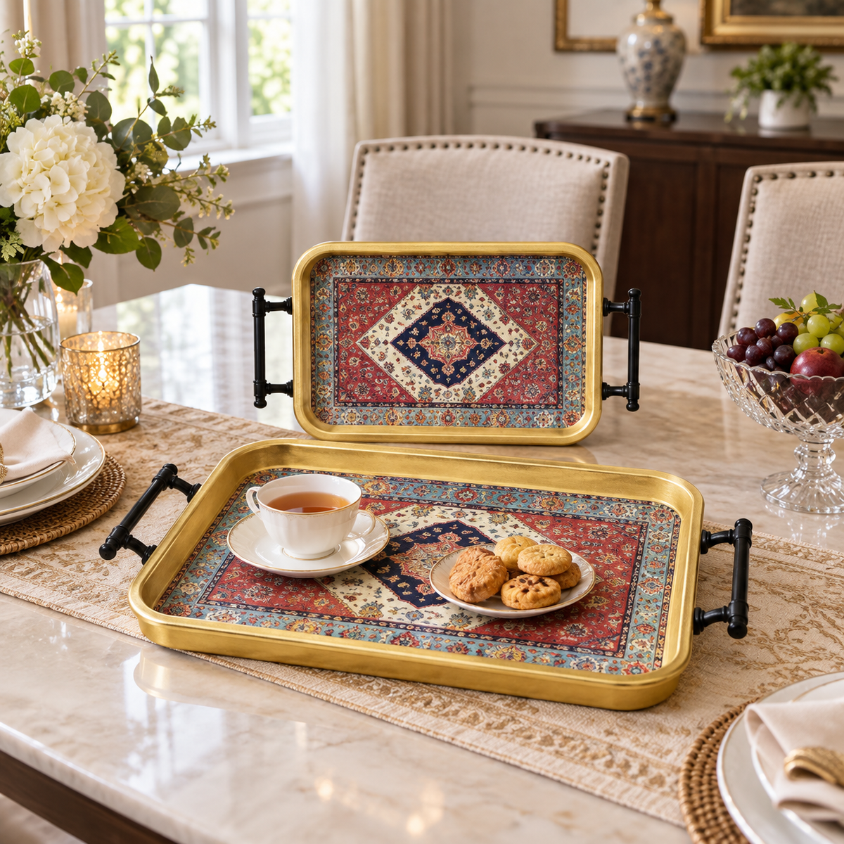 Diamond pattern rectangular serving tray set