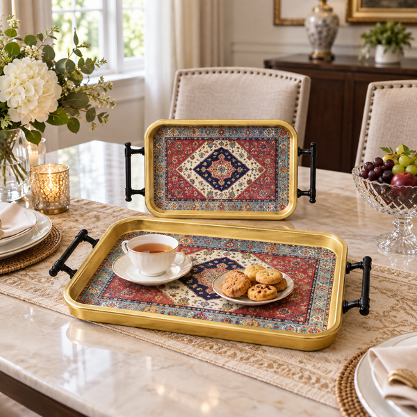 Diamond pattern rectangular serving tray set