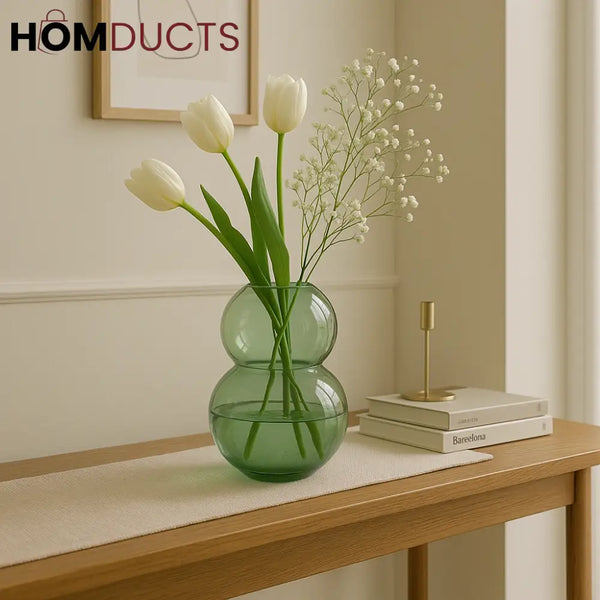 Double Bubble Green Glass Flower Vase – Modern Entryway Décor