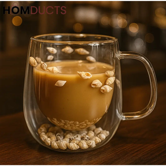 Double Wall Glass Coffee Mug with Seashell Accent – Insulated Clear Cup for Hot Beverages