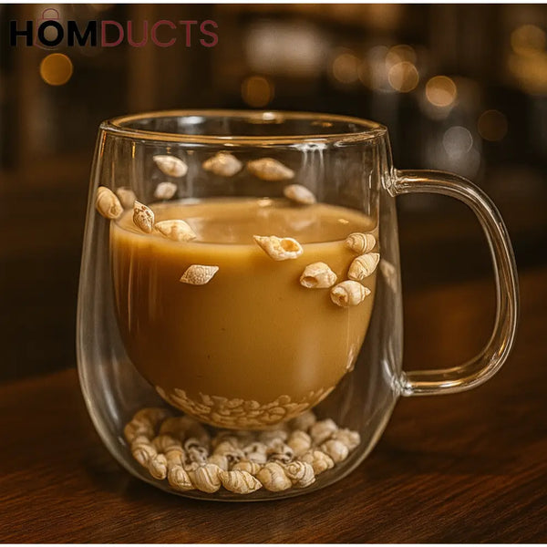 Double Wall Glass Coffee Mug with Seashell Accent – Insulated Clear Cup for Hot Beverages