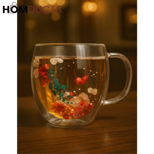 Double Wall Glass Mug with Dried Flower Design – Elegant Insulated Tea & Coffee Cup