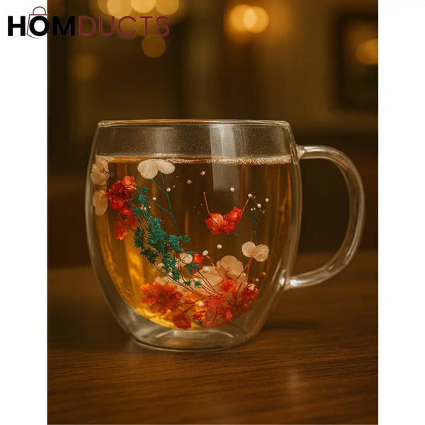 Double Wall Glass Mug with Dried Flower Design – Elegant Insulated Tea & Coffee Cup