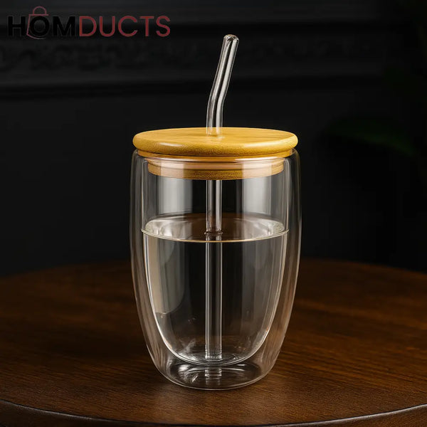 Double-Wall Glass Tumbler with Bamboo Lid & Glass Straw – 350ml